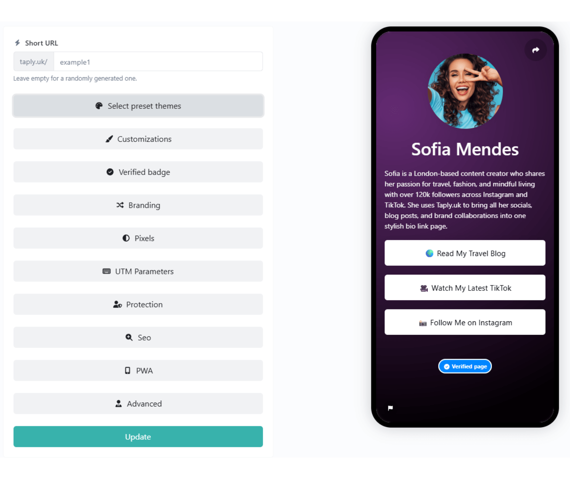 Screenshot of the app biolink editing page